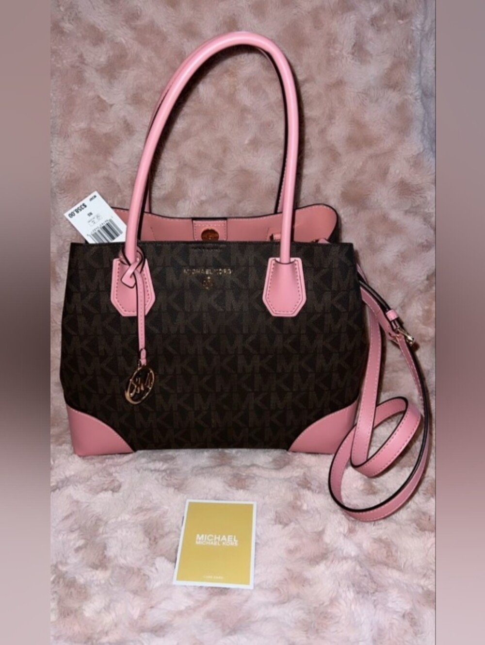 Michael Kors Brown Signature Satchel with Pink Trim